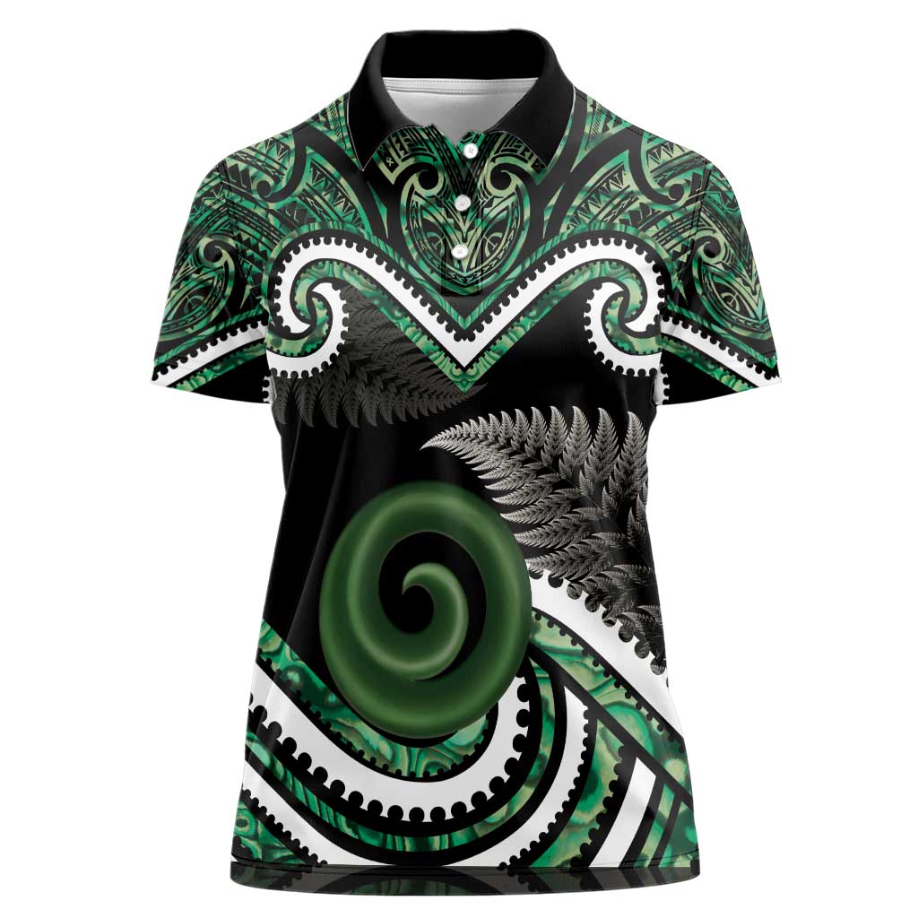 Koru Pounamu Aotearoa Women Polo Shirt Maori Paua Shell Mix Silver Fern - Vibe Hoodie Shop