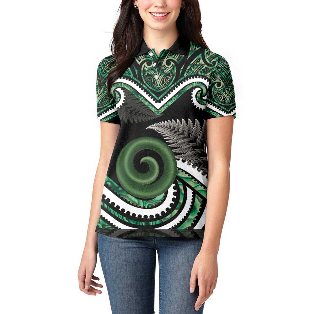 Koru Pounamu Aotearoa Women Polo Shirt Maori Paua Shell Mix Silver Fern - Vibe Hoodie Shop