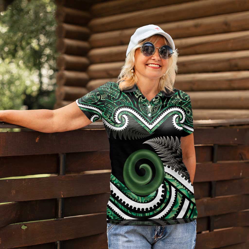 Koru Pounamu Aotearoa Women Polo Shirt Maori Paua Shell Mix Silver Fern - Vibe Hoodie Shop