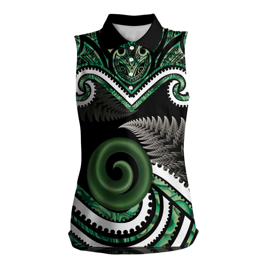 Koru Pounamu Aotearoa Women Sleeveless Polo Shirt Maori Paua Shell Mix Silver Fern