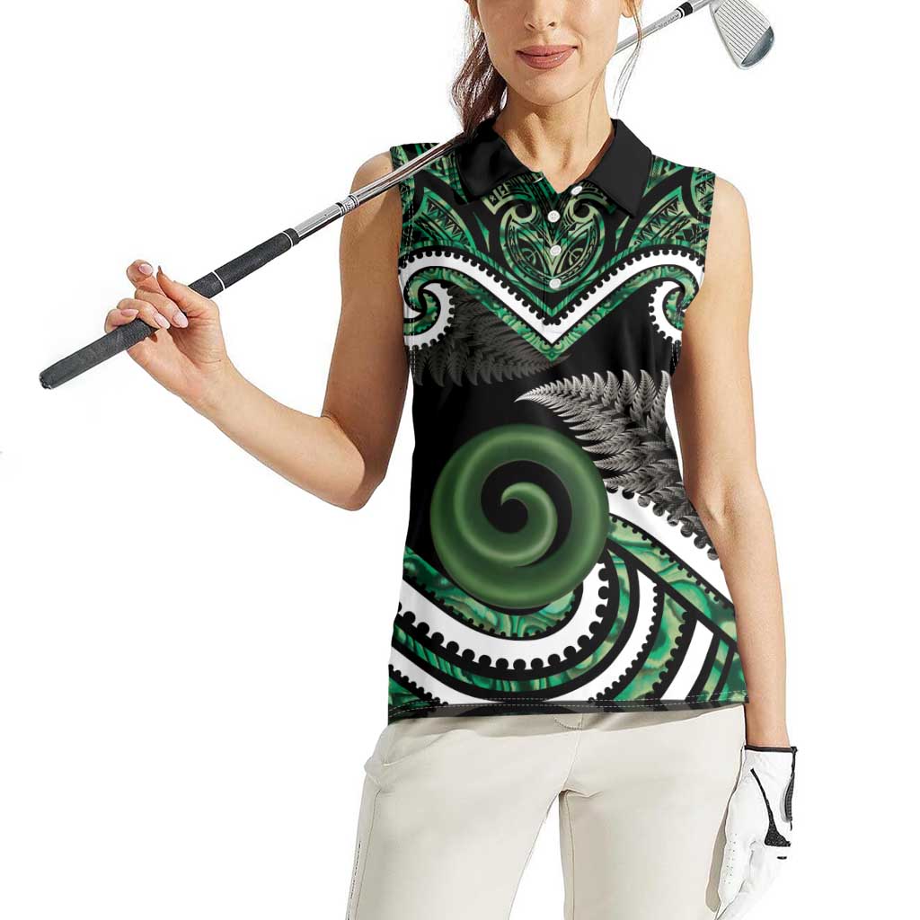 Koru Pounamu Aotearoa Women Sleeveless Polo Shirt Maori Paua Shell Mix Silver Fern