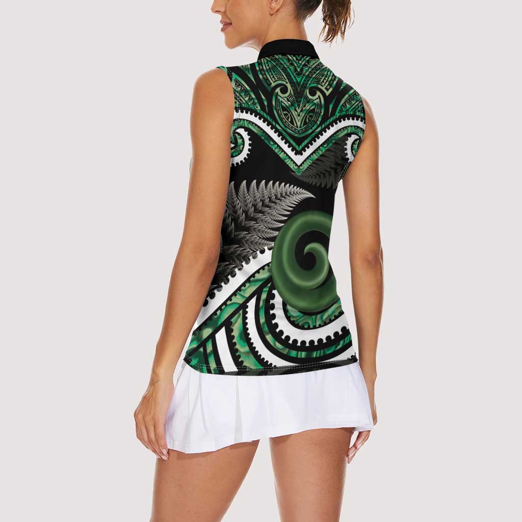 Koru Pounamu Aotearoa Women Sleeveless Polo Shirt Maori Paua Shell Mix Silver Fern