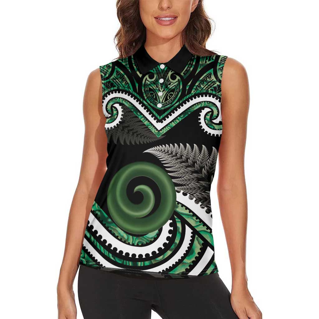 Koru Pounamu Aotearoa Women Sleeveless Polo Shirt Maori Paua Shell Mix Silver Fern