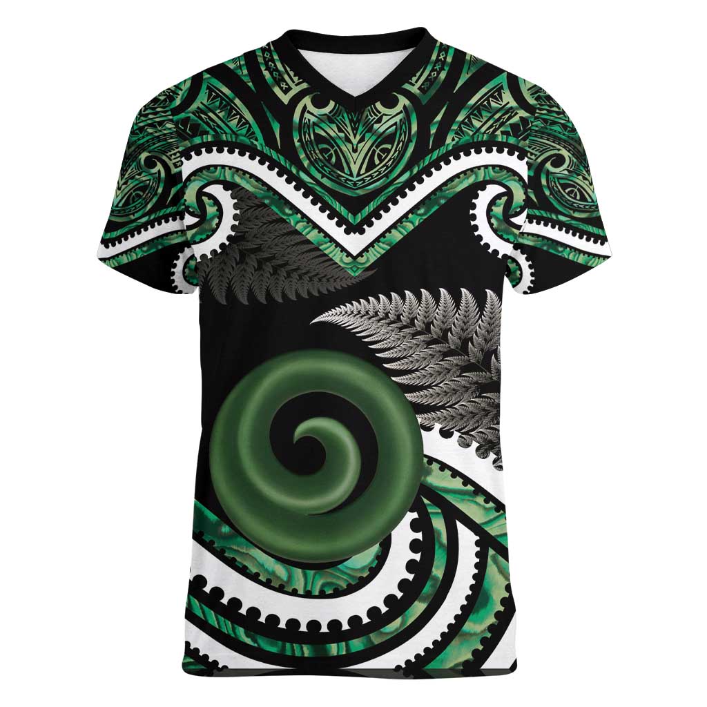 Koru Pounamu Aotearoa Women V-Neck T-Shirt Maori Paua Shell Mix Silver Fern - Vibe Hoodie Shop