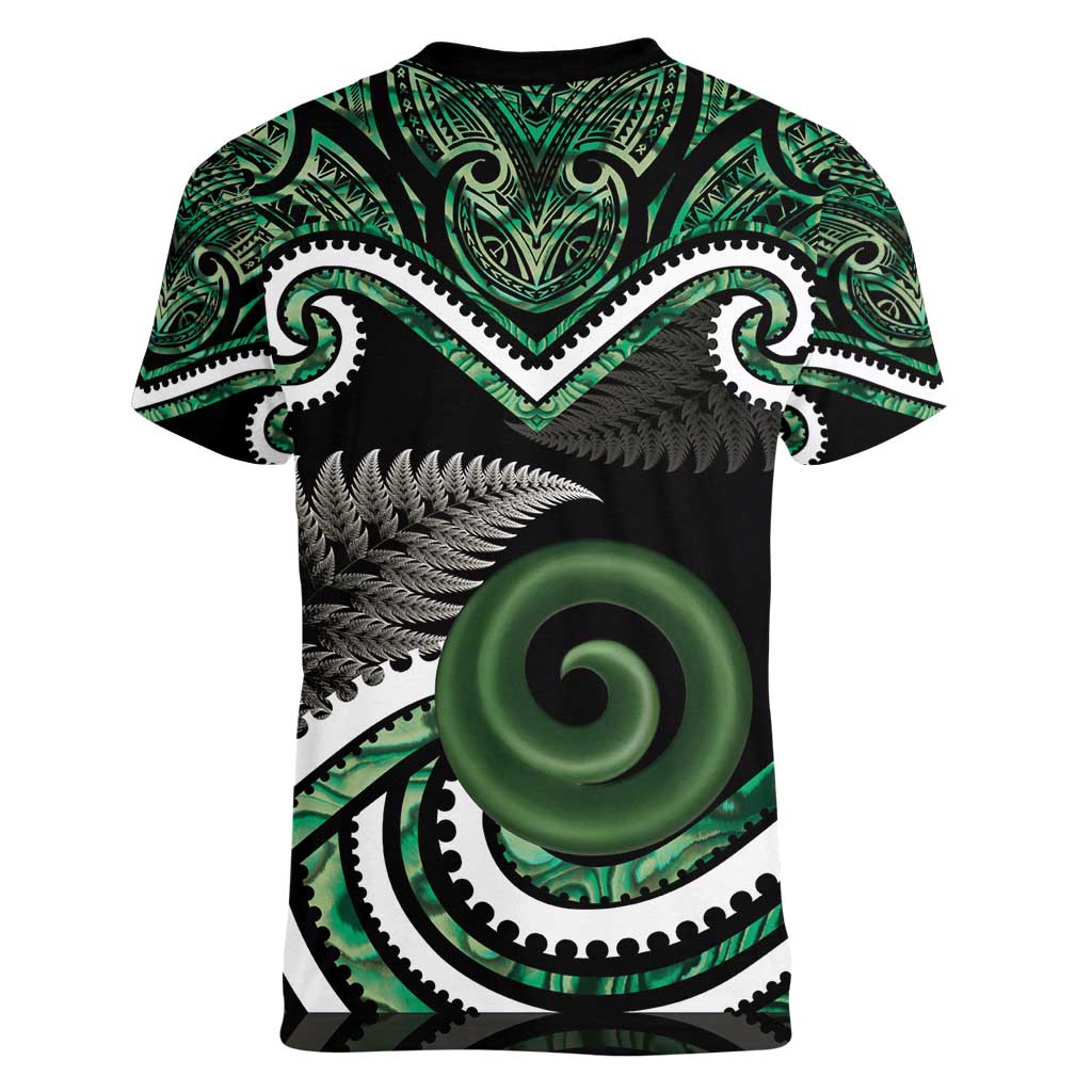 Koru Pounamu Aotearoa Women V-Neck T-Shirt Maori Paua Shell Mix Silver Fern - Vibe Hoodie Shop