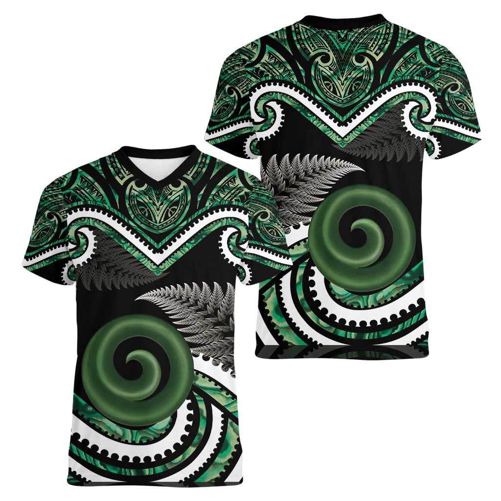 Koru Pounamu Aotearoa Women V-Neck T-Shirt Maori Paua Shell Mix Silver Fern - Vibe Hoodie Shop