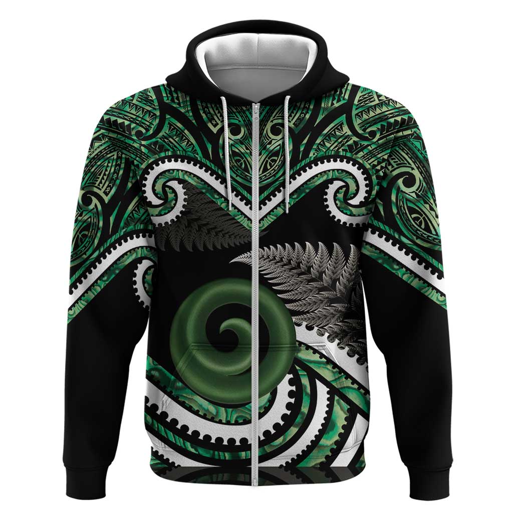 Koru Pounamu Aotearoa Zip Hoodie Maori Paua Shell Mix Silver Fern - Vibe Hoodie Shop