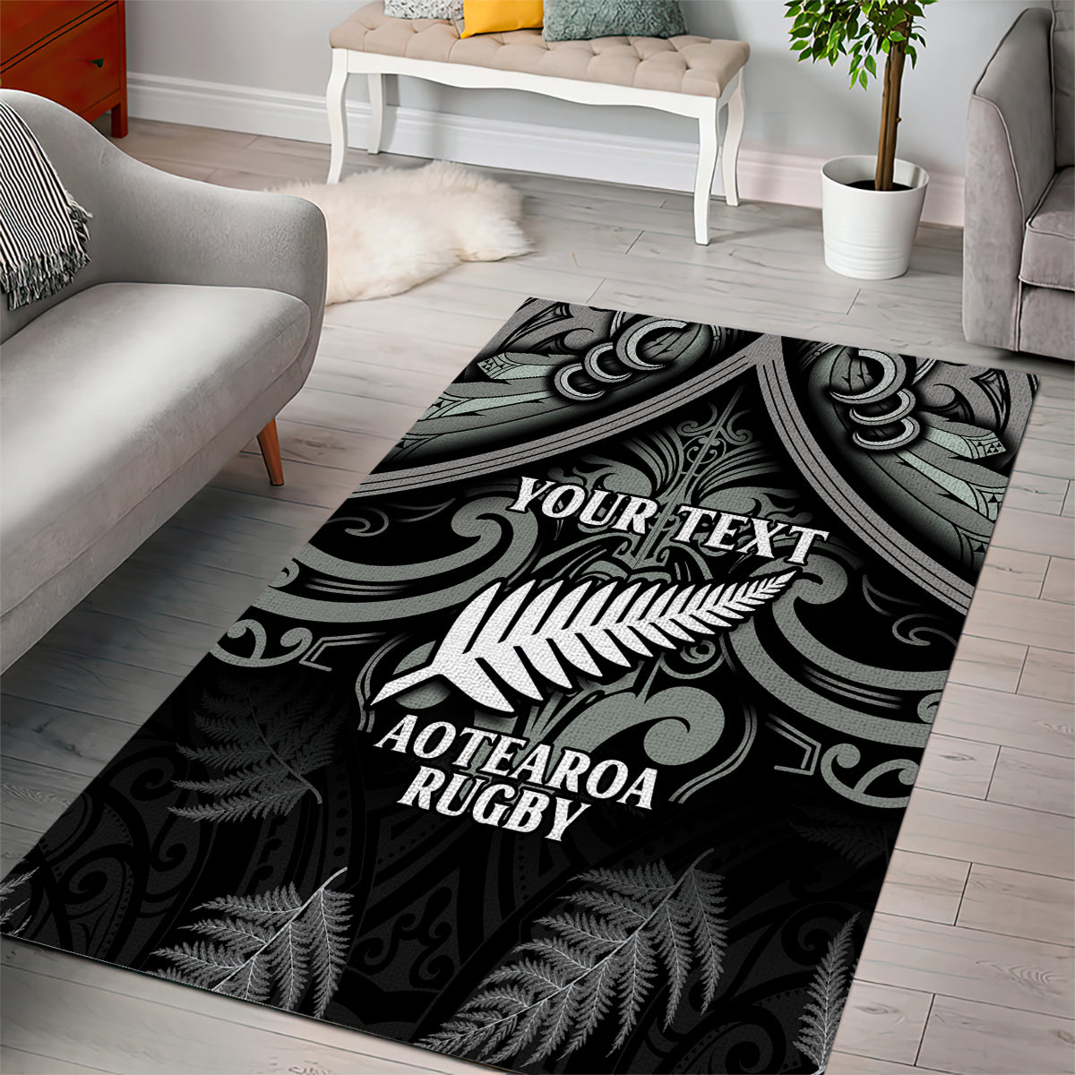 Custom New Zealand Silver Fern Rugby Area Rug All Black Since 1892 Aotearoa Moko Maori - Vibe Hoodie Shop