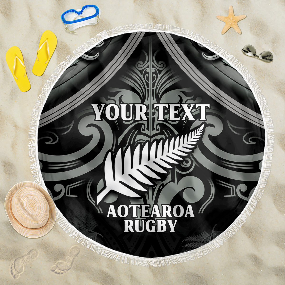 Custom New Zealand Silver Fern Rugby Beach Blanket All Black Since 1892 Aotearoa Moko Maori