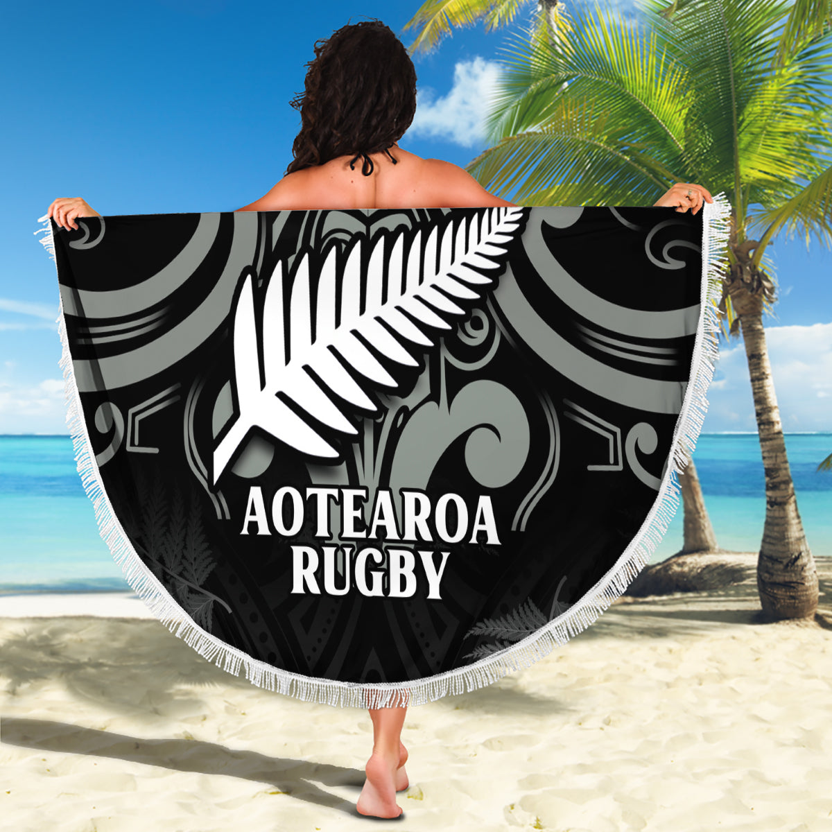 Custom New Zealand Silver Fern Rugby Beach Blanket All Black Since 1892 Aotearoa Moko Maori
