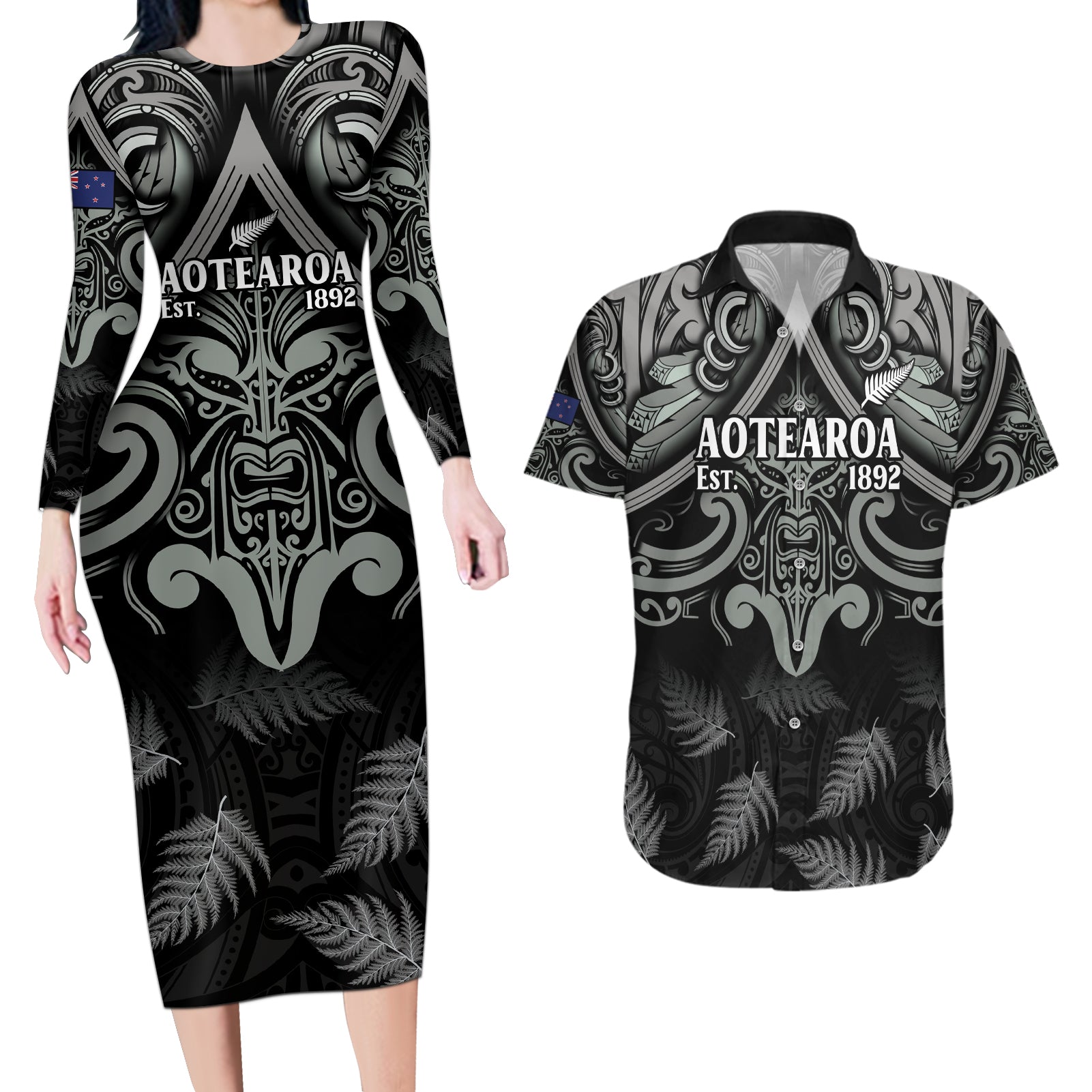 Custom New Zealand Silver Fern Rugby Couples Matching Long Sleeve Bodycon Dress and Hawaiian Shirt All Black Since 1892 Aotearoa Moko Maori