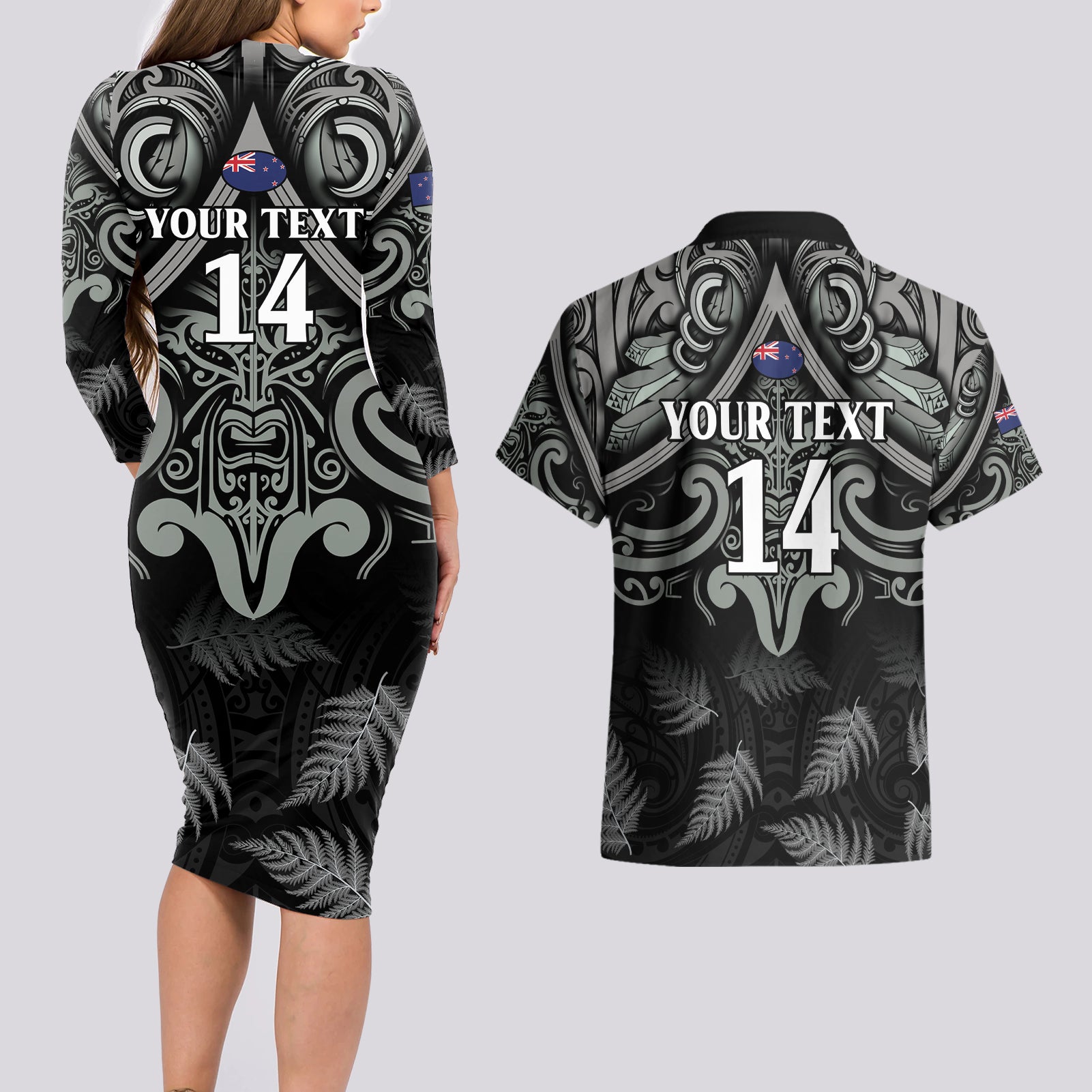 Custom New Zealand Silver Fern Rugby Couples Matching Long Sleeve Bodycon Dress and Hawaiian Shirt All Black Since 1892 Aotearoa Moko Maori