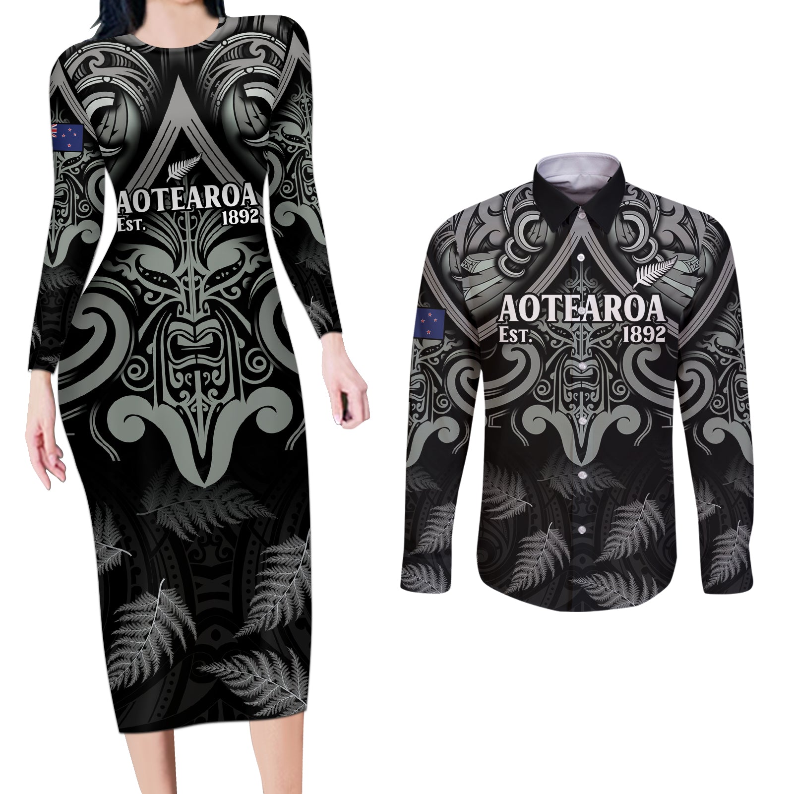 Custom New Zealand Silver Fern Rugby Couples Matching Long Sleeve Bodycon Dress and Long Sleeve Button Shirt All Black Since 1892 Aotearoa Moko Maori