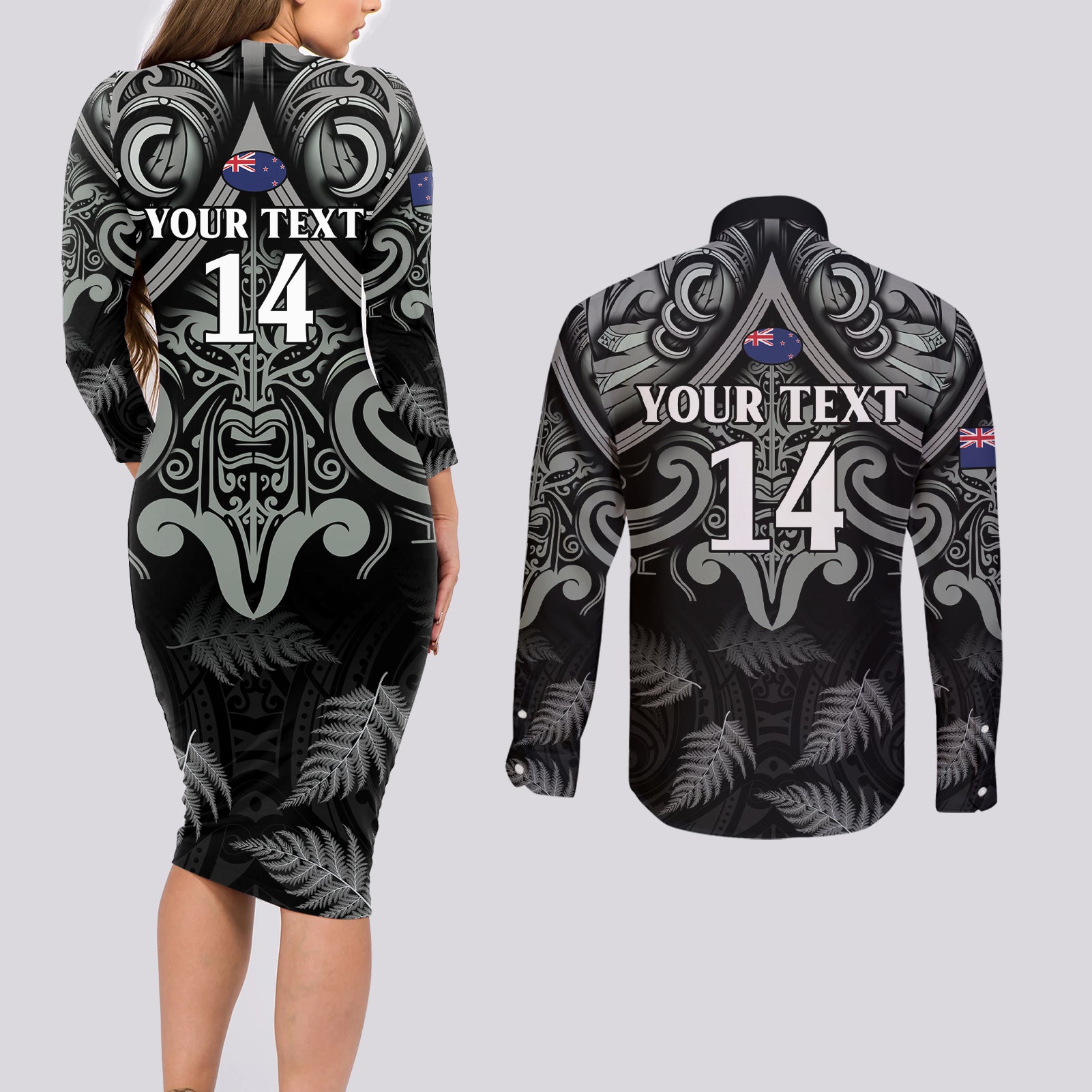 Custom New Zealand Silver Fern Rugby Couples Matching Long Sleeve Bodycon Dress and Long Sleeve Button Shirt All Black Since 1892 Aotearoa Moko Maori
