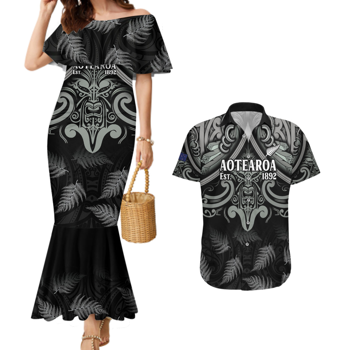 Custom New Zealand Silver Fern Rugby Couples Matching Mermaid Dress and Hawaiian Shirt All Black Since 1892 Aotearoa Moko Maori