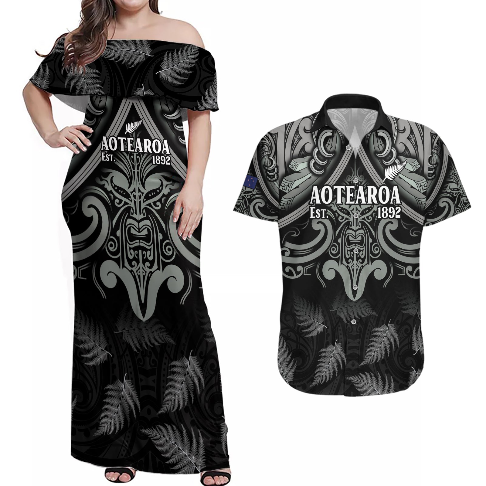 Custom New Zealand Silver Fern Rugby Couples Matching Off Shoulder Maxi Dress and Hawaiian Shirt All Black Since 1892 Aotearoa Moko Maori