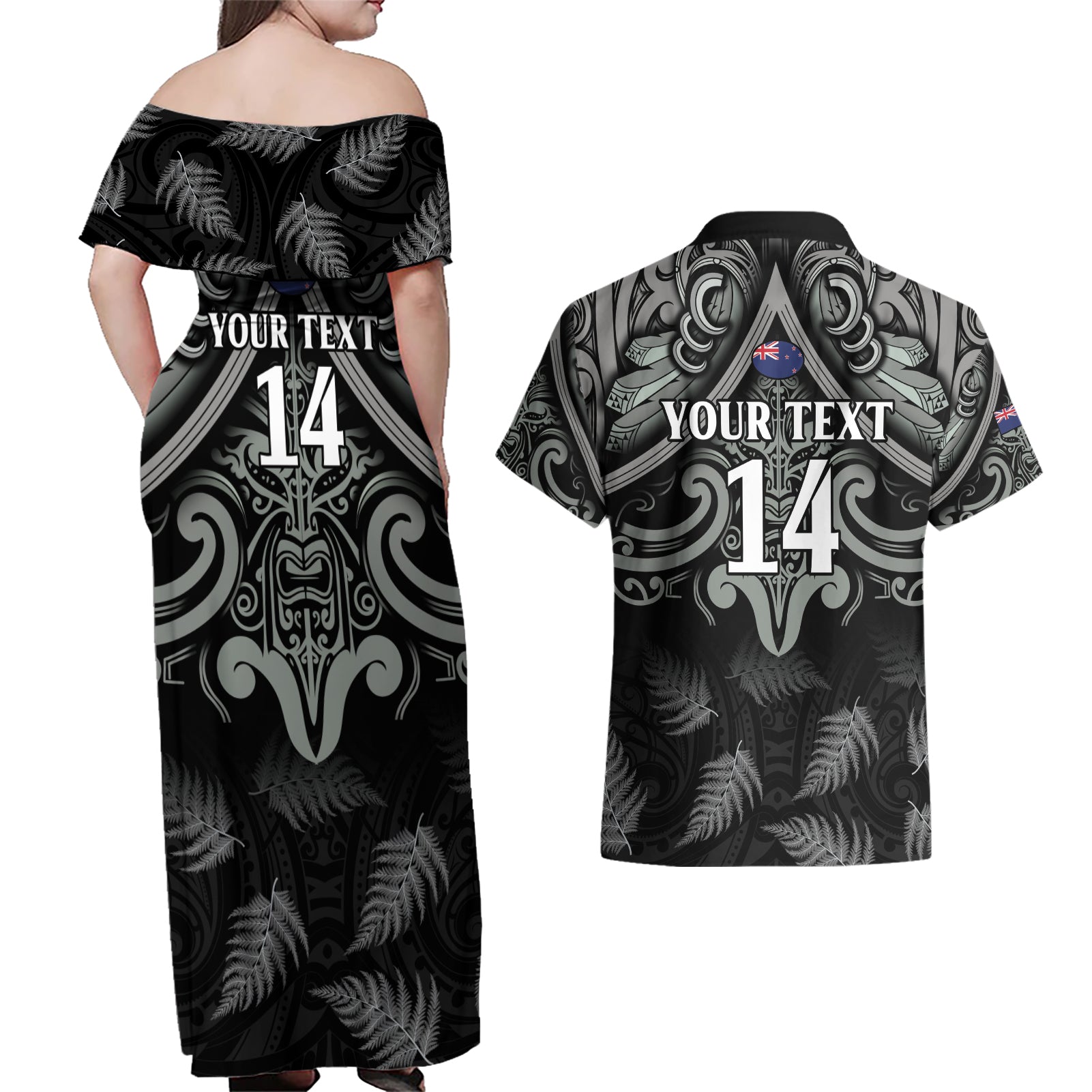 Custom New Zealand Silver Fern Rugby Couples Matching Off Shoulder Maxi Dress and Hawaiian Shirt All Black Since 1892 Aotearoa Moko Maori
