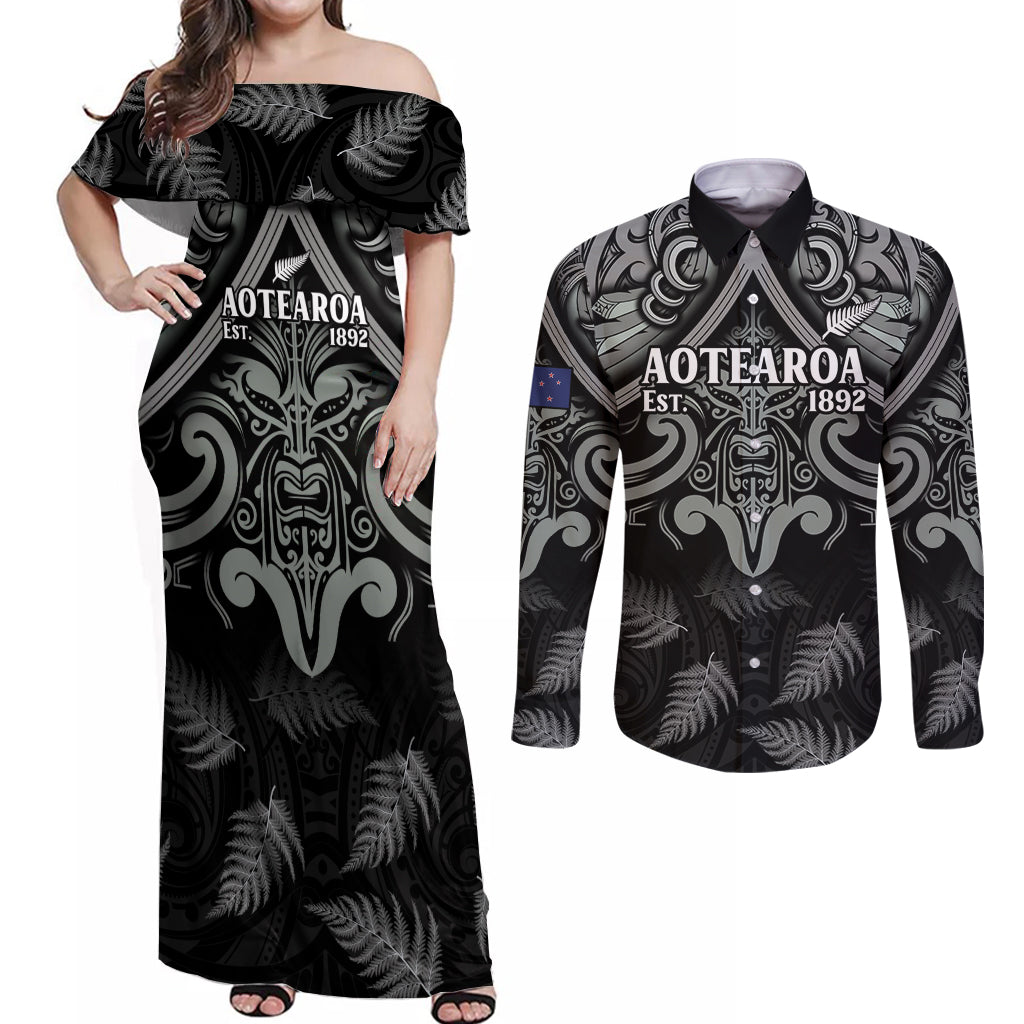 Custom New Zealand Silver Fern Rugby Couples Matching Off Shoulder Maxi Dress and Long Sleeve Button Shirt All Black Since 1892 Aotearoa Moko Maori