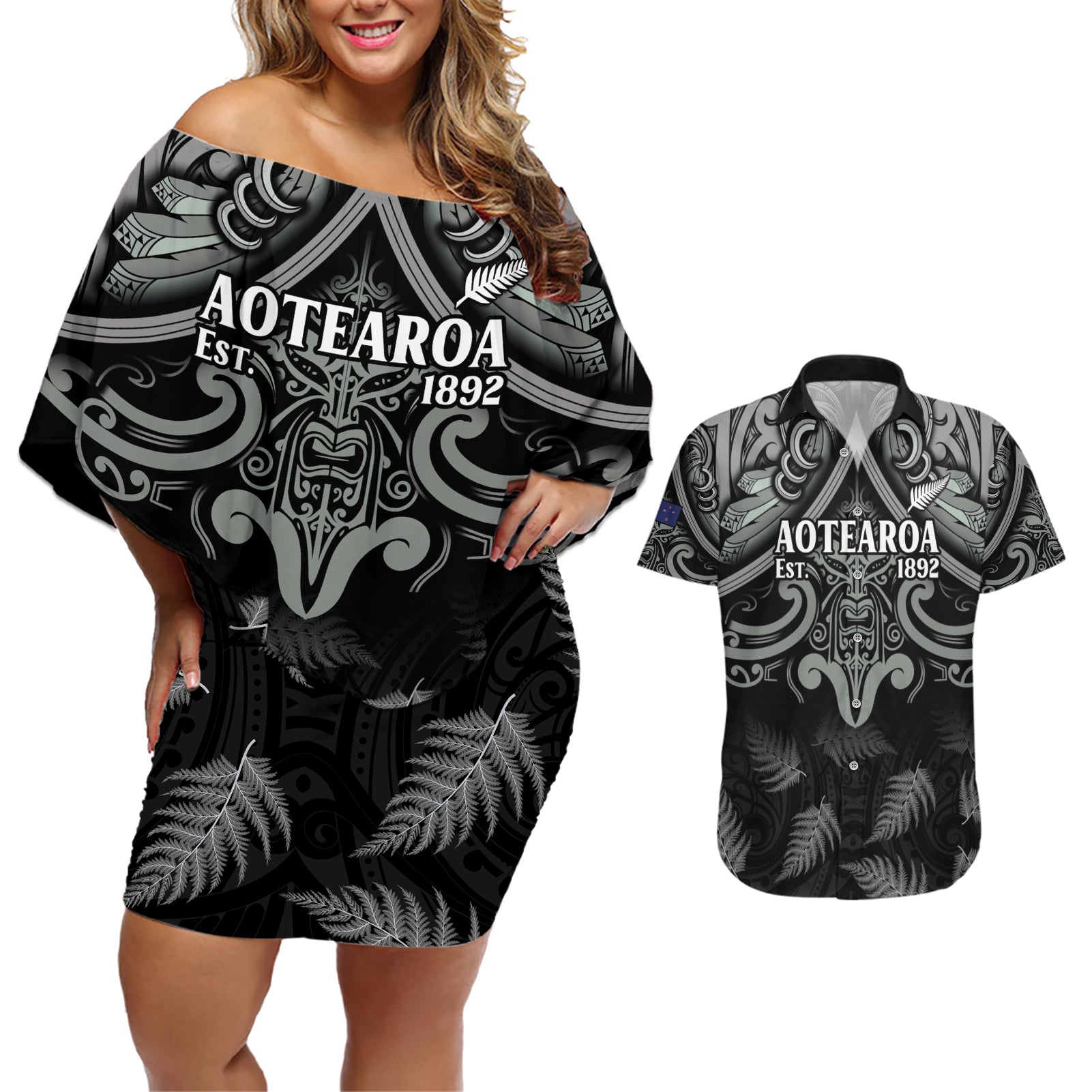 Custom New Zealand Silver Fern Rugby Couples Matching Off Shoulder Short Dress and Hawaiian Shirt All Black Since 1892 Aotearoa Moko Maori