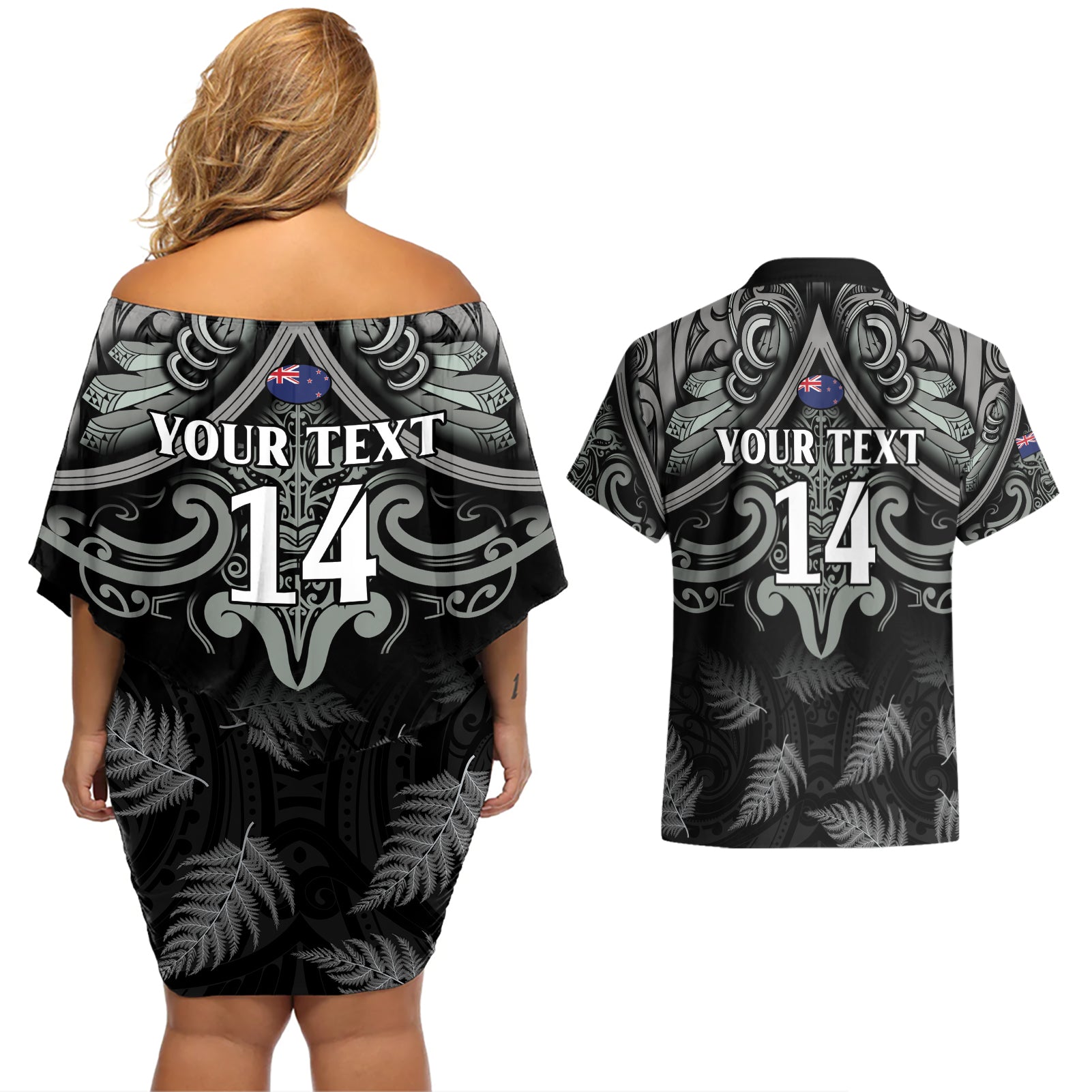 Custom New Zealand Silver Fern Rugby Couples Matching Off Shoulder Short Dress and Hawaiian Shirt All Black Since 1892 Aotearoa Moko Maori