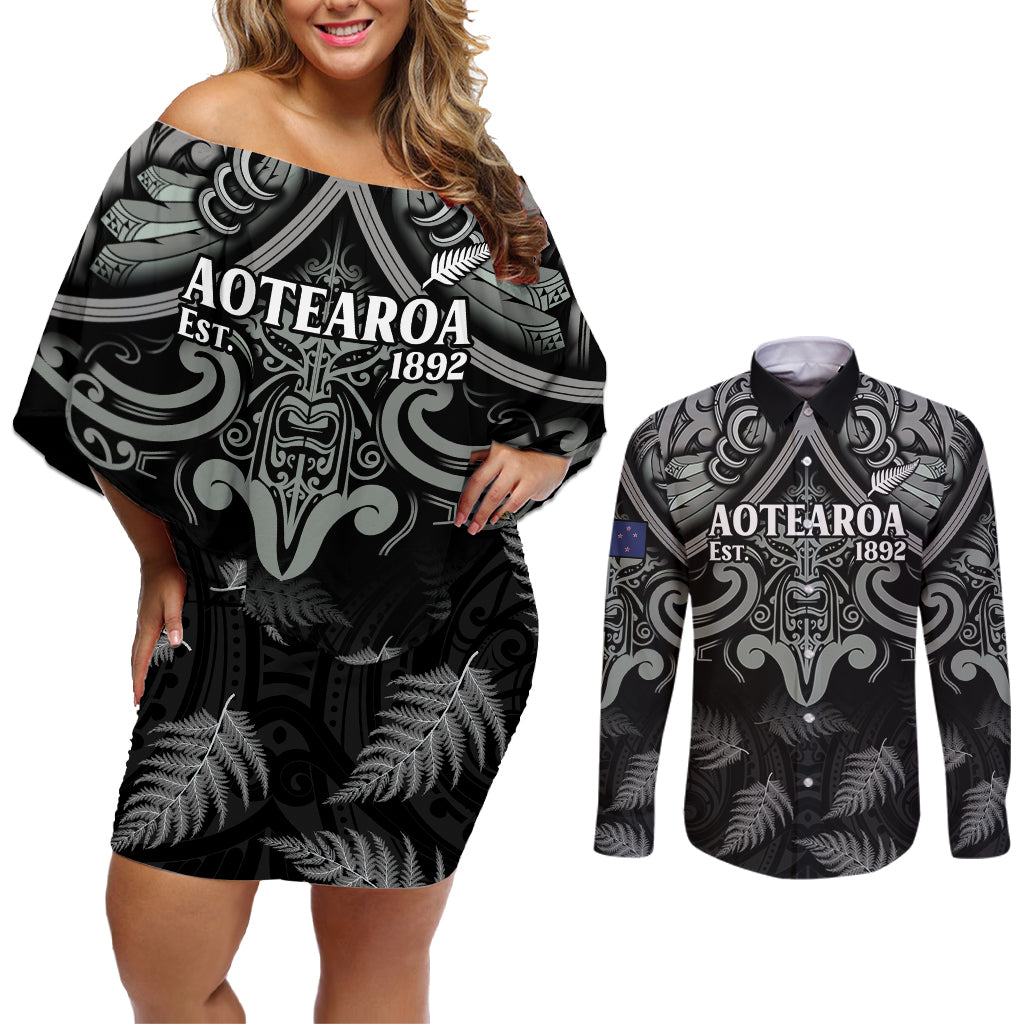 Custom New Zealand Silver Fern Rugby Couples Matching Off Shoulder Short Dress and Long Sleeve Button Shirt All Black Since 1892 Aotearoa Moko Maori