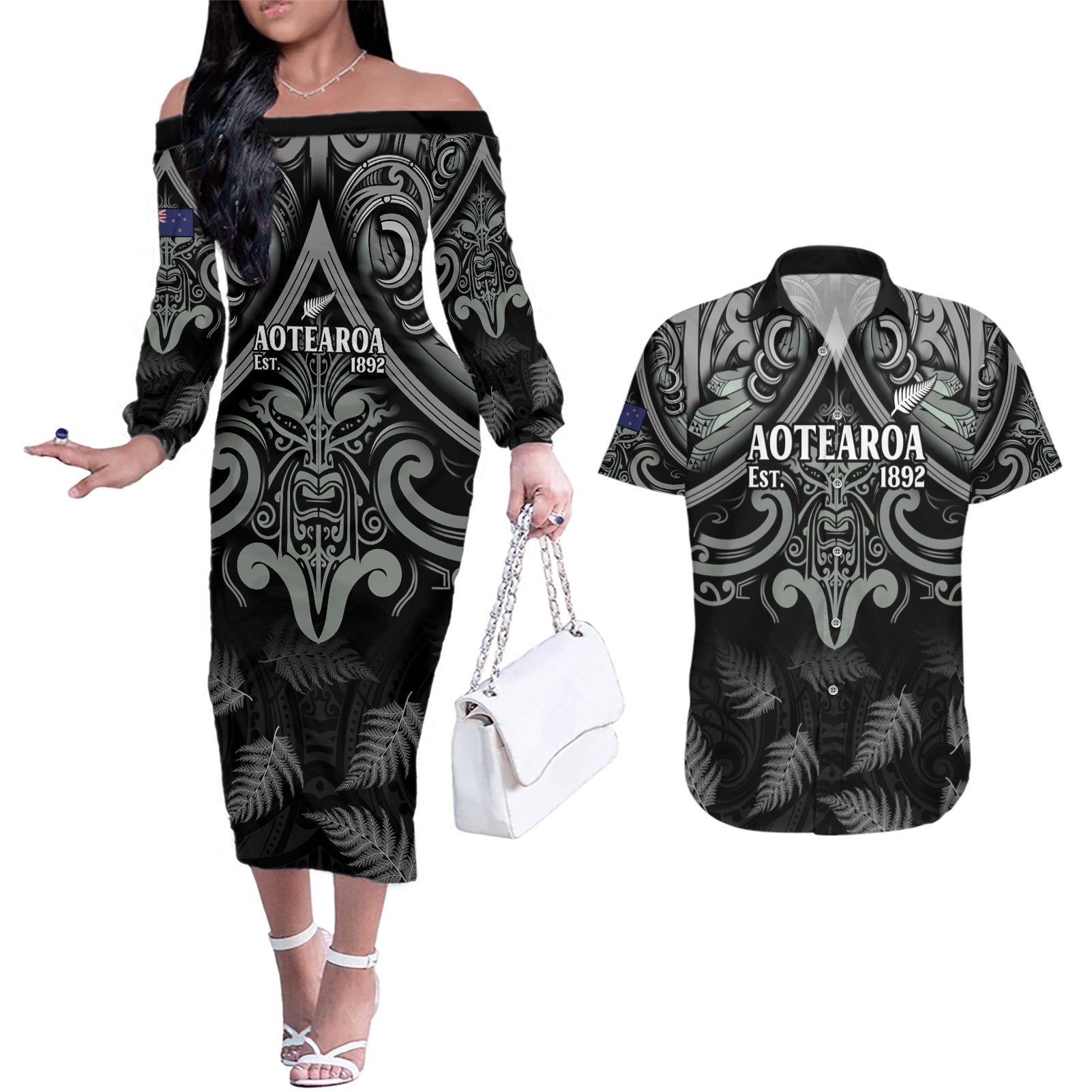 Custom New Zealand Silver Fern Rugby Couples Matching Off The Shoulder Long Sleeve Dress and Hawaiian Shirt All Black Since 1892 Aotearoa Moko Maori