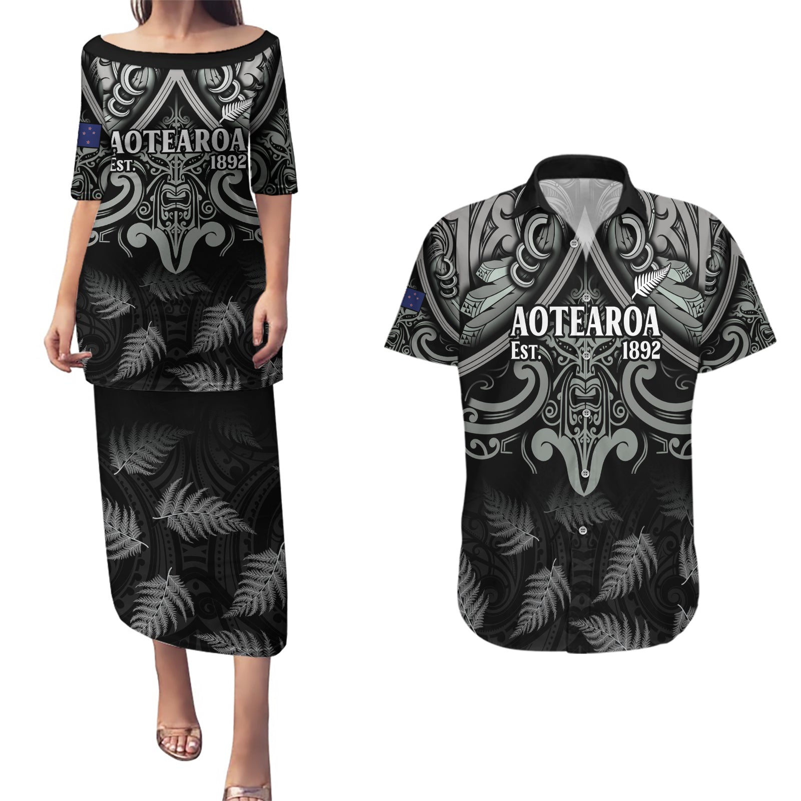 Custom New Zealand Silver Fern Rugby Couples Matching Puletasi and Hawaiian Shirt All Black Since 1892 Aotearoa Moko Maori