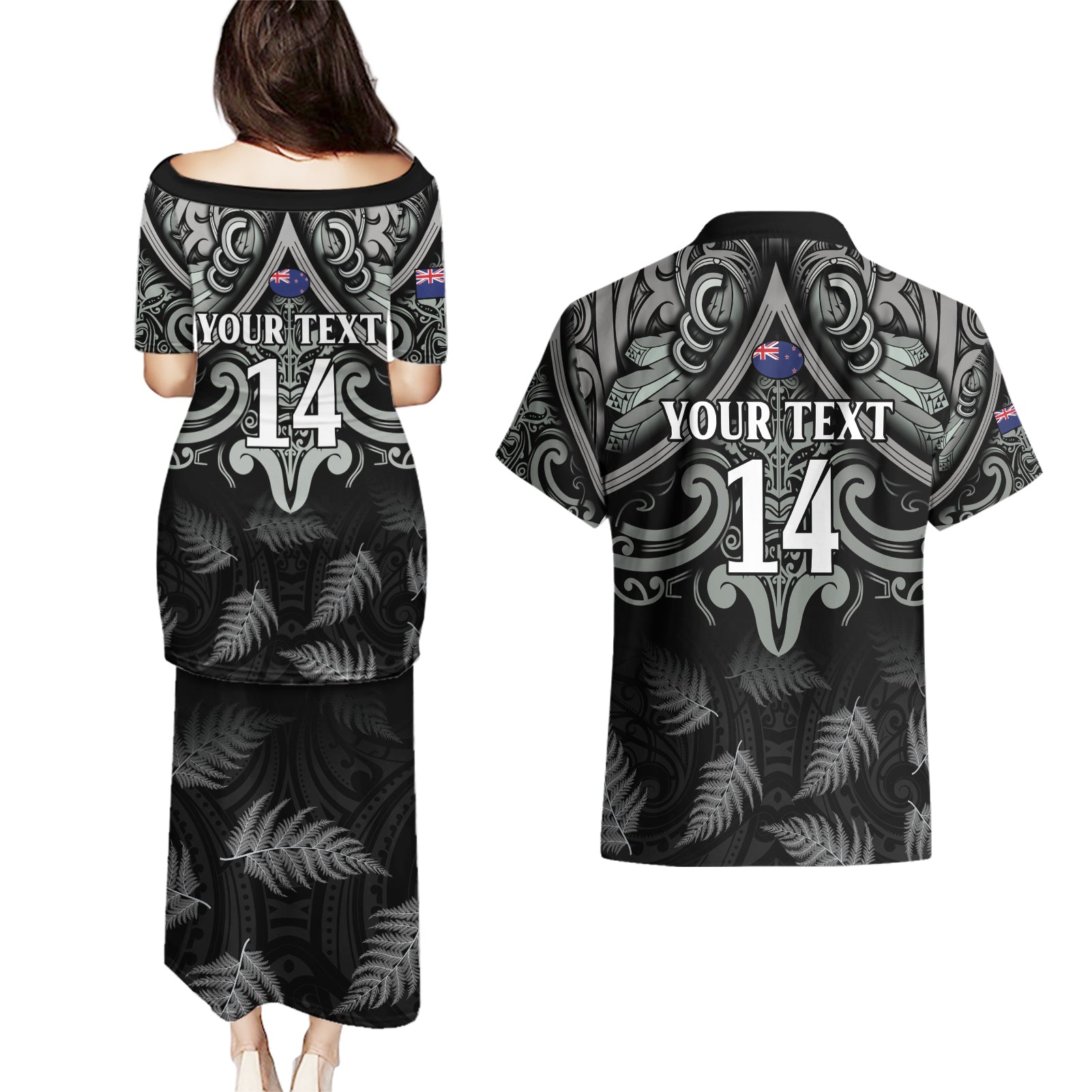 Custom New Zealand Silver Fern Rugby Couples Matching Puletasi and Hawaiian Shirt All Black Since 1892 Aotearoa Moko Maori