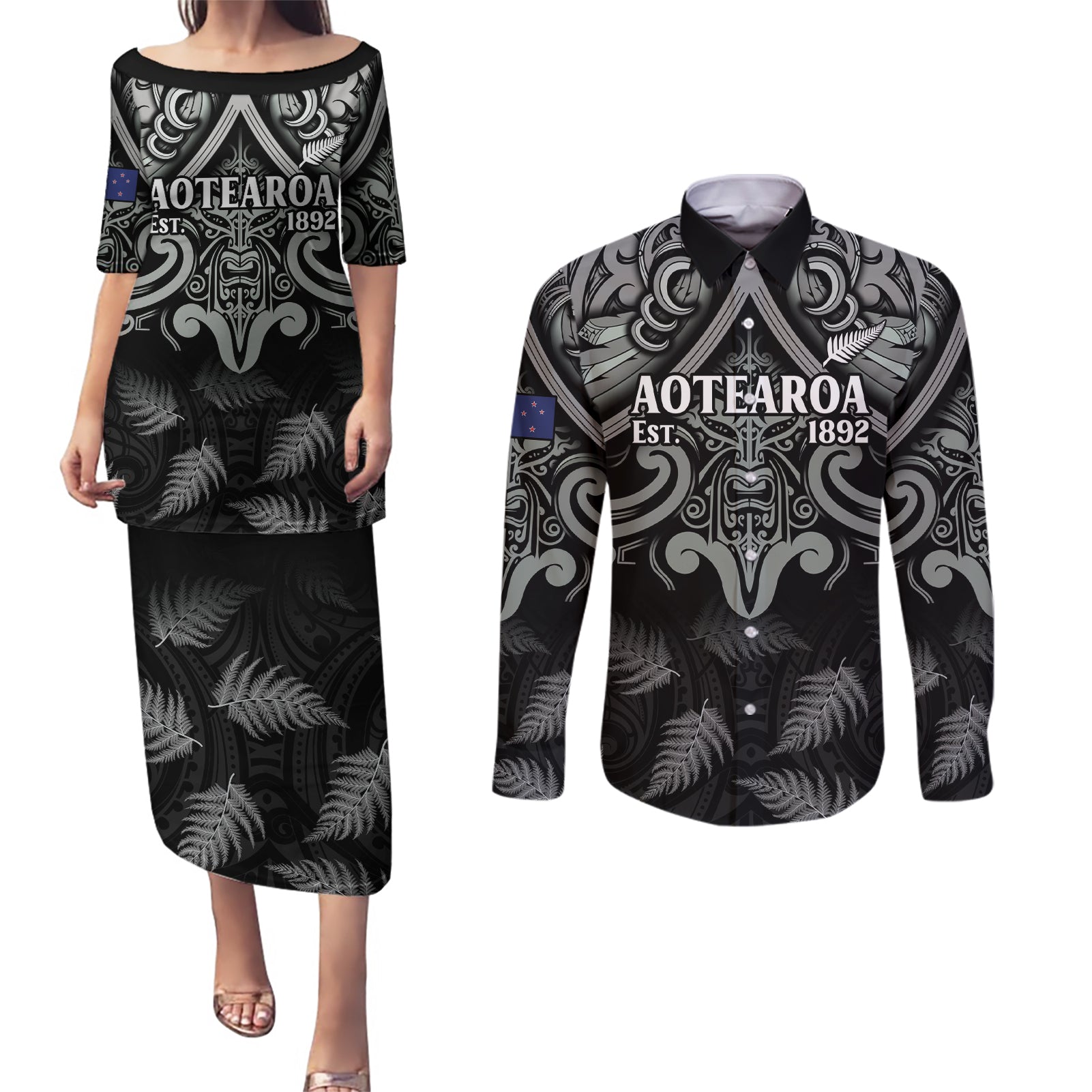 Custom New Zealand Silver Fern Rugby Couples Matching Puletasi and Long Sleeve Button Shirt All Black Since 1892 Aotearoa Moko Maori
