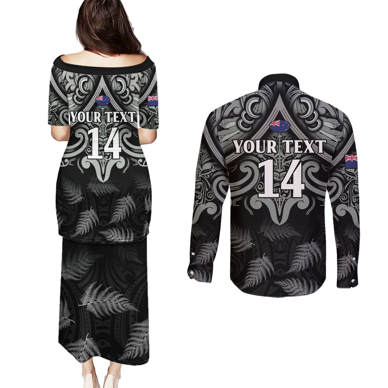 Custom New Zealand Silver Fern Rugby Couples Matching Puletasi and Long Sleeve Button Shirt All Black Since 1892 Aotearoa Moko Maori