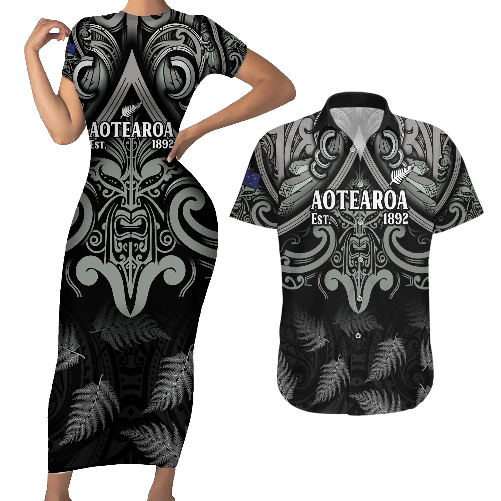 Custom New Zealand Silver Fern Rugby Couples Matching Short Sleeve Bodycon Dress and Hawaiian Shirt All Black Since 1892 Aotearoa Moko Maori