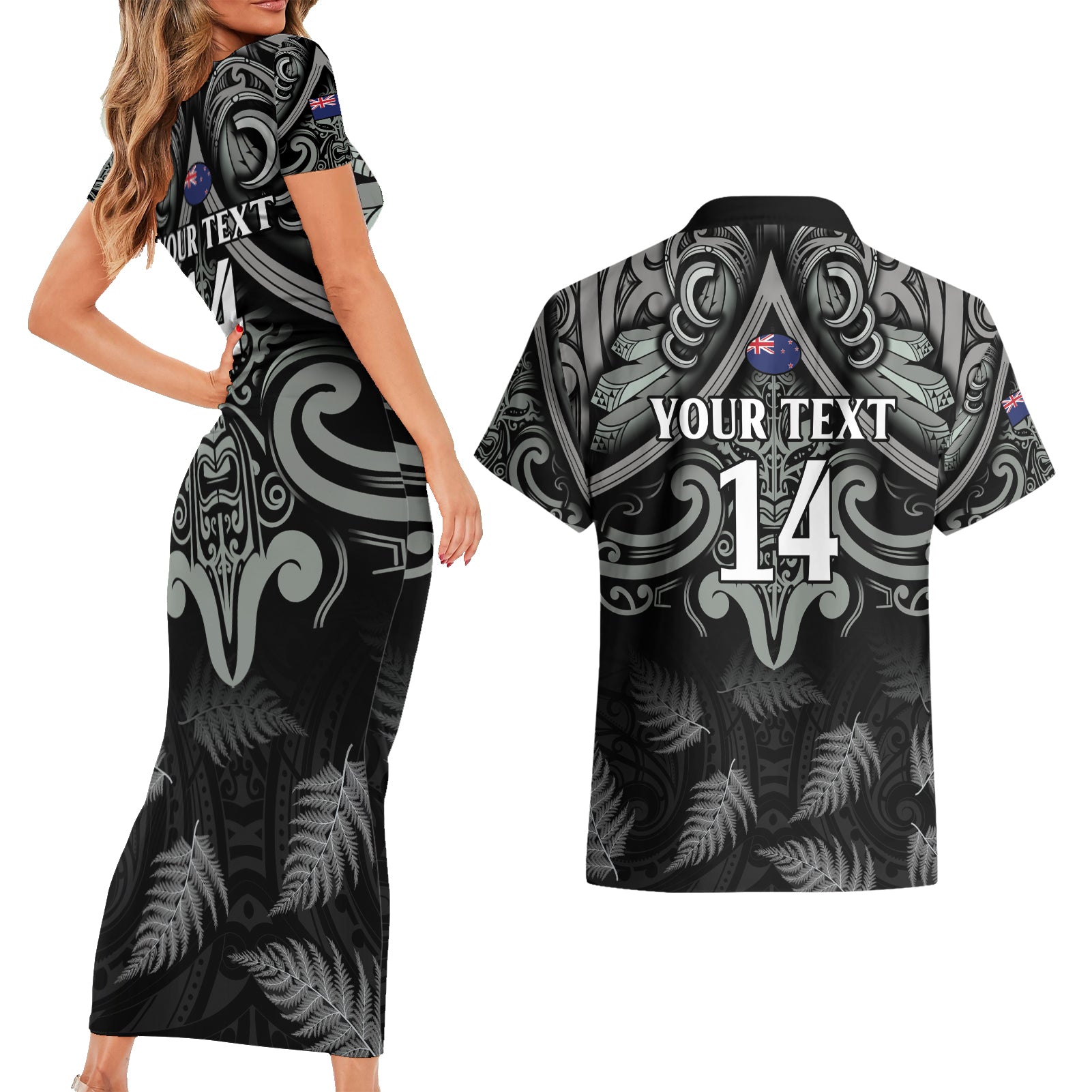 Custom New Zealand Silver Fern Rugby Couples Matching Short Sleeve Bodycon Dress and Hawaiian Shirt All Black Since 1892 Aotearoa Moko Maori