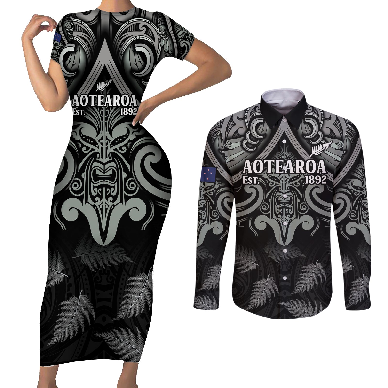 Custom New Zealand Silver Fern Rugby Couples Matching Short Sleeve Bodycon Dress and Long Sleeve Button Shirt All Black Since 1892 Aotearoa Moko Maori