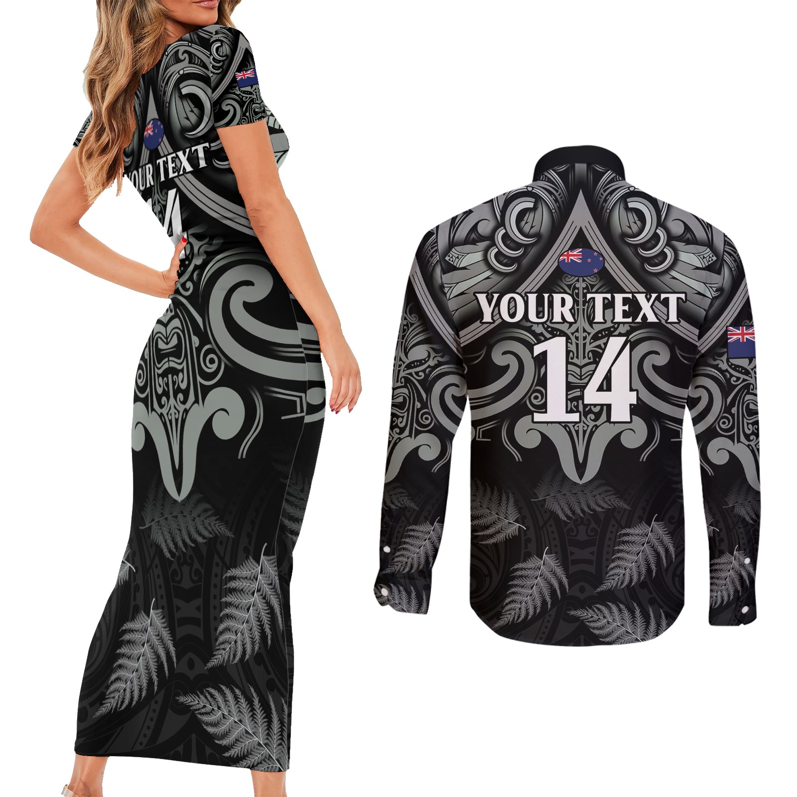Custom New Zealand Silver Fern Rugby Couples Matching Short Sleeve Bodycon Dress and Long Sleeve Button Shirt All Black Since 1892 Aotearoa Moko Maori