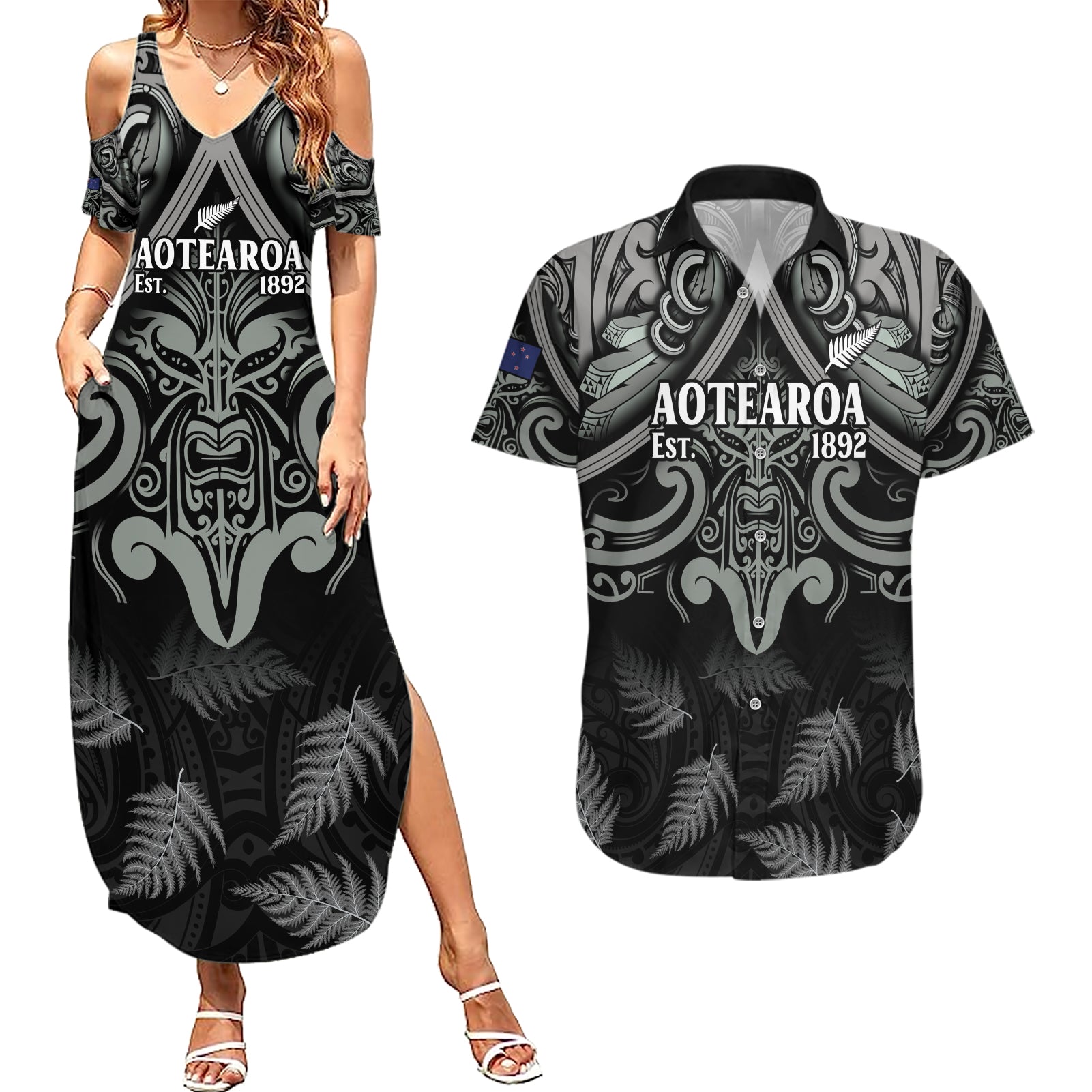 Custom New Zealand Silver Fern Rugby Couples Matching Summer Maxi Dress and Hawaiian Shirt All Black Since 1892 Aotearoa Moko Maori