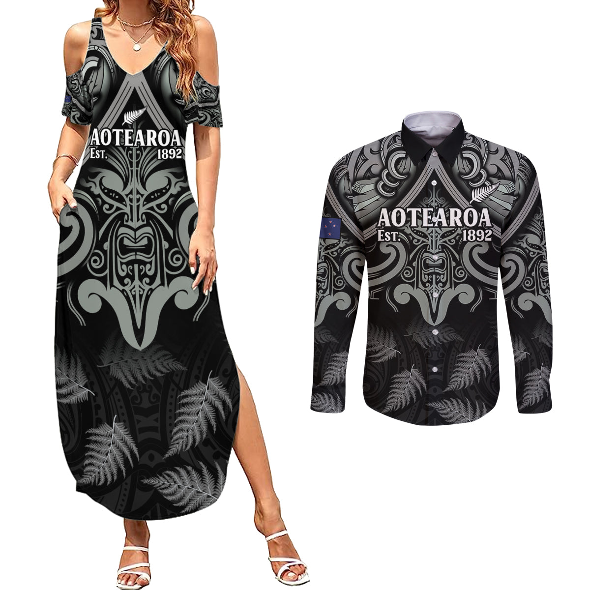 Custom New Zealand Silver Fern Rugby Couples Matching Summer Maxi Dress and Long Sleeve Button Shirt All Black Since 1892 Aotearoa Moko Maori