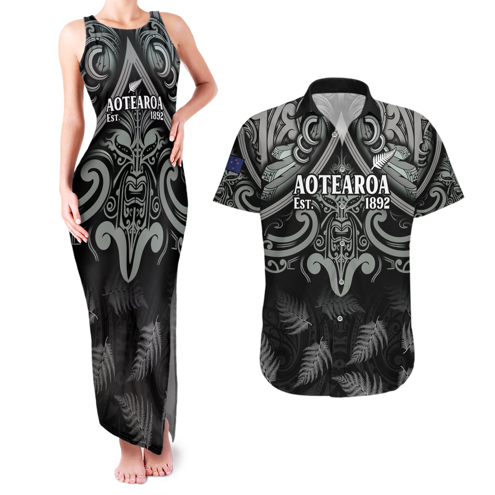 Custom New Zealand Silver Fern Rugby Couples Matching Tank Maxi Dress and Hawaiian Shirt All Black Since 1892 Aotearoa Moko Maori