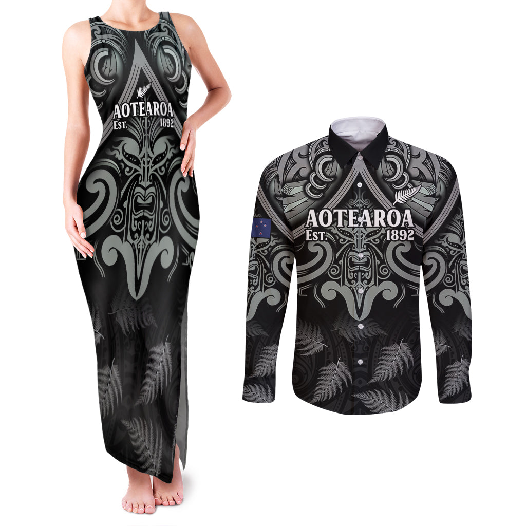 Custom New Zealand Silver Fern Rugby Couples Matching Tank Maxi Dress and Long Sleeve Button Shirt All Black Since 1892 Aotearoa Moko Maori
