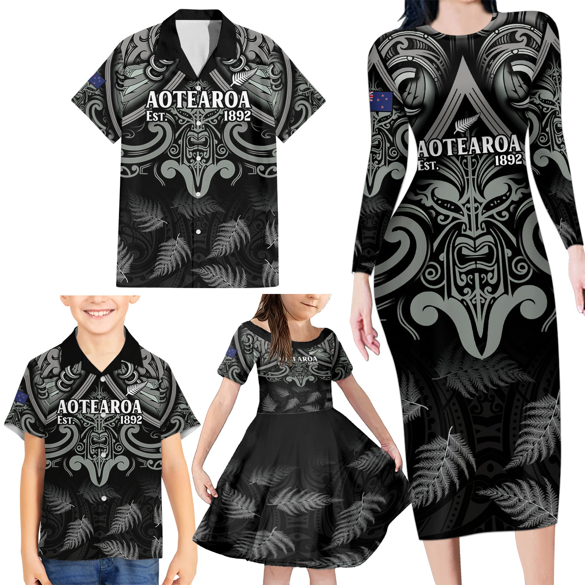 Custom New Zealand Silver Fern Rugby Family Matching Long Sleeve Bodycon Dress and Hawaiian Shirt All Black Since 1892 Aotearoa Moko Maori