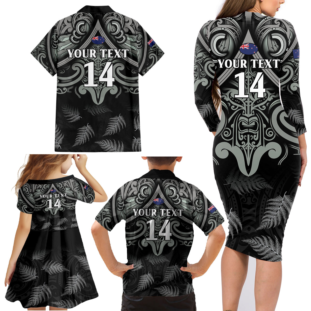 Custom New Zealand Silver Fern Rugby Family Matching Long Sleeve Bodycon Dress and Hawaiian Shirt All Black Since 1892 Aotearoa Moko Maori