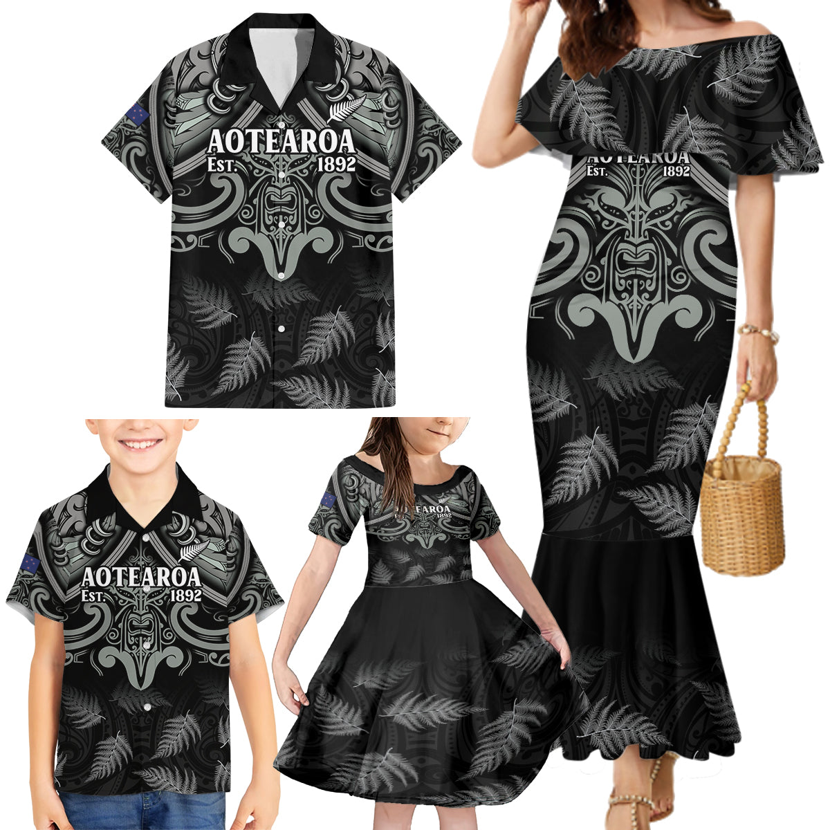 Custom New Zealand Silver Fern Rugby Family Matching Mermaid Dress and Hawaiian Shirt All Black Since 1892 Aotearoa Moko Maori