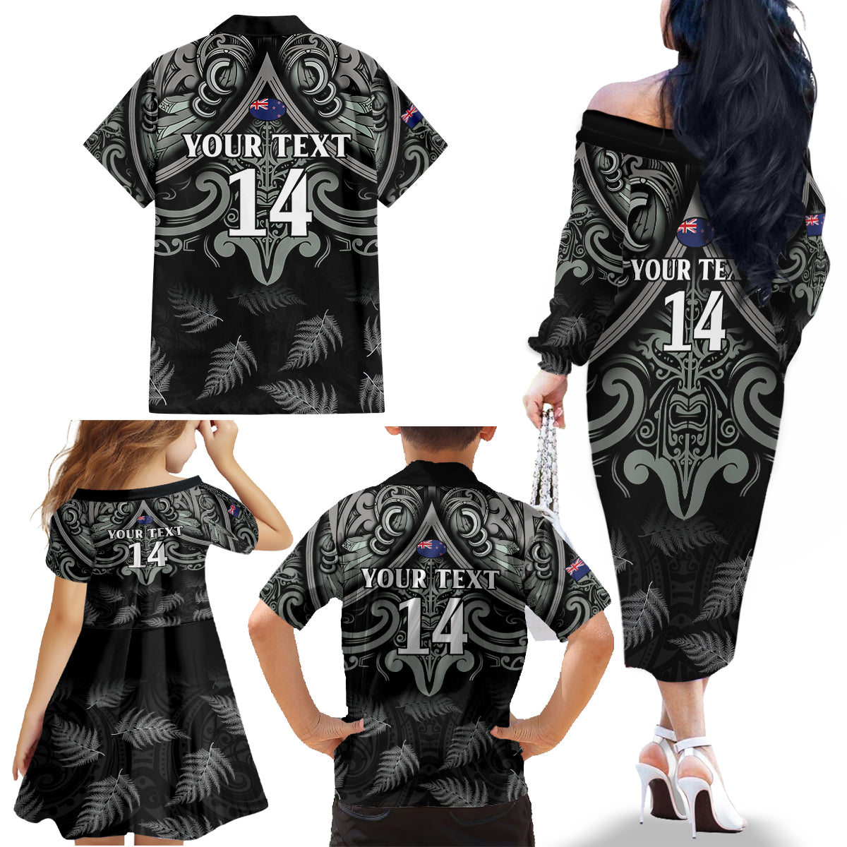 Custom New Zealand Silver Fern Rugby Family Matching Off The Shoulder Long Sleeve Dress and Hawaiian Shirt All Black Since 1892 Aotearoa Moko Maori