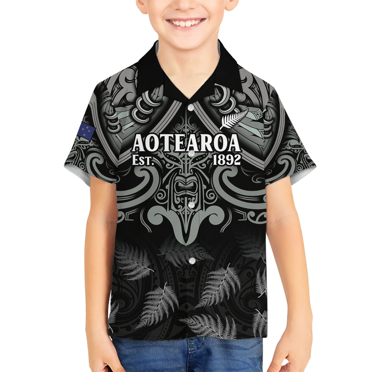 Custom New Zealand Silver Fern Rugby Family Matching Off The Shoulder Long Sleeve Dress and Hawaiian Shirt All Black Since 1892 Aotearoa Moko Maori