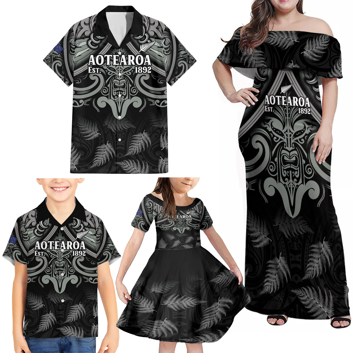 Custom New Zealand Silver Fern Rugby Family Matching Off Shoulder Maxi Dress and Hawaiian Shirt All Black Since 1892 Aotearoa Moko Maori