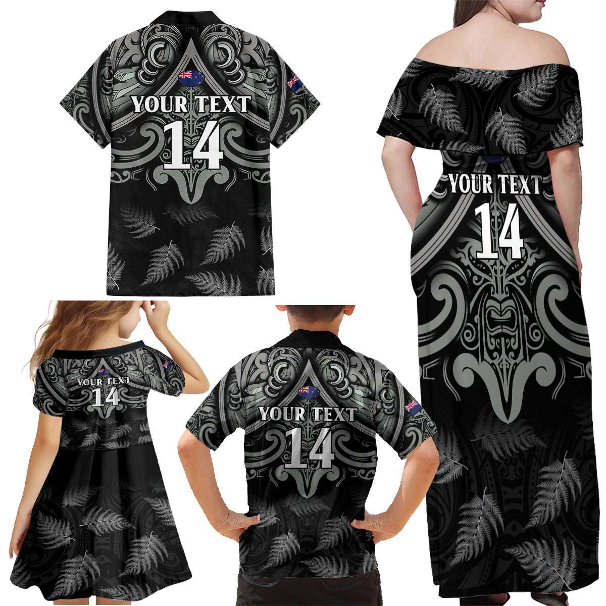 Custom New Zealand Silver Fern Rugby Family Matching Off Shoulder Maxi Dress and Hawaiian Shirt All Black Since 1892 Aotearoa Moko Maori