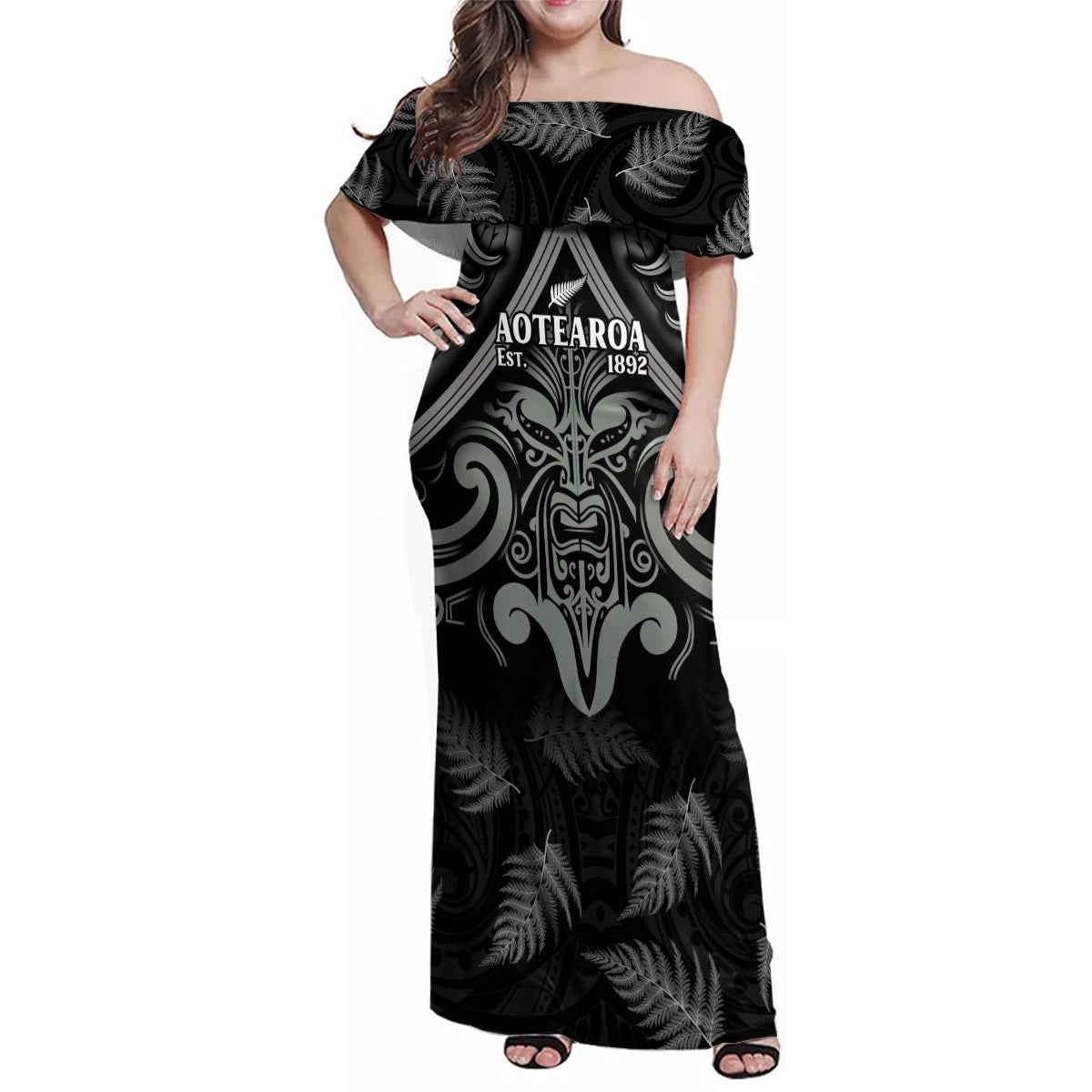 Custom New Zealand Silver Fern Rugby Family Matching Off Shoulder Maxi Dress and Hawaiian Shirt All Black Since 1892 Aotearoa Moko Maori