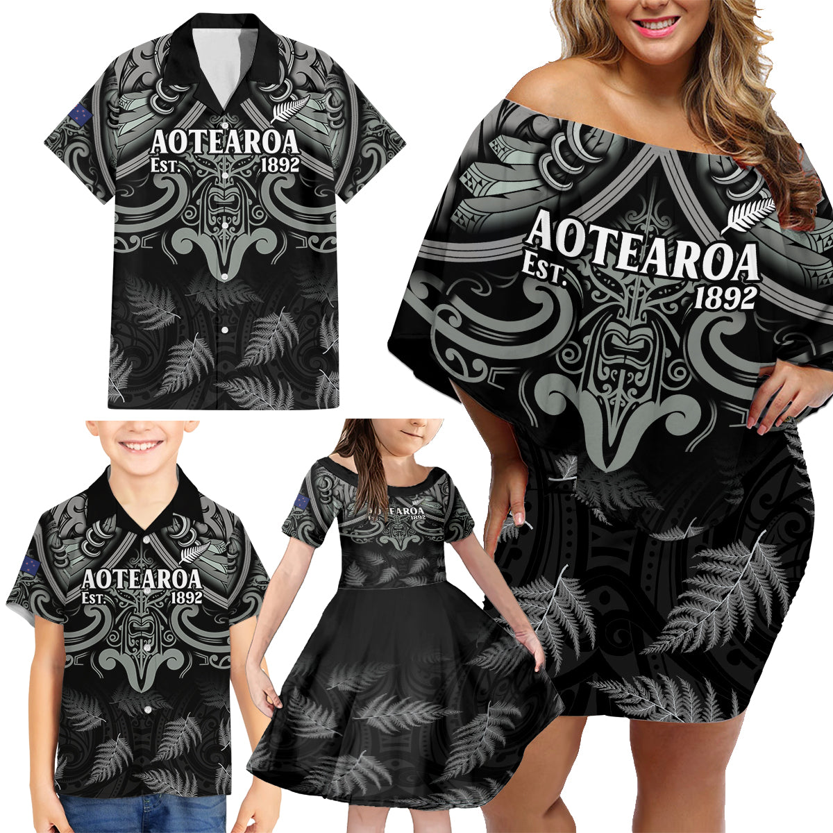 Custom New Zealand Silver Fern Rugby Family Matching Off Shoulder Short Dress and Hawaiian Shirt All Black Since 1892 Aotearoa Moko Maori