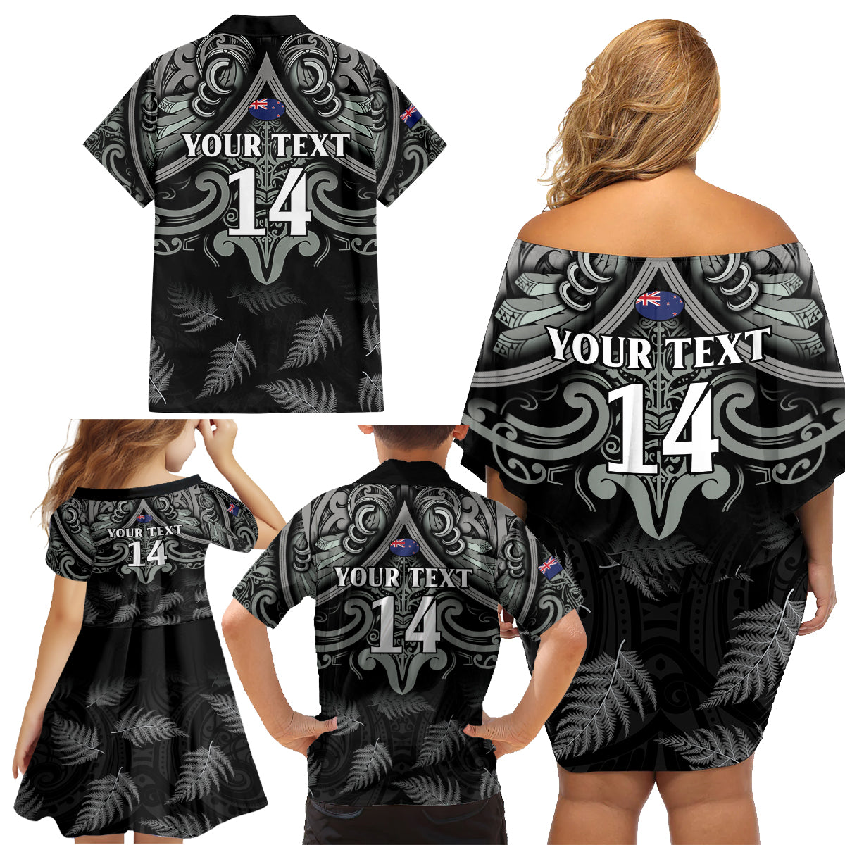 Custom New Zealand Silver Fern Rugby Family Matching Off Shoulder Short Dress and Hawaiian Shirt All Black Since 1892 Aotearoa Moko Maori