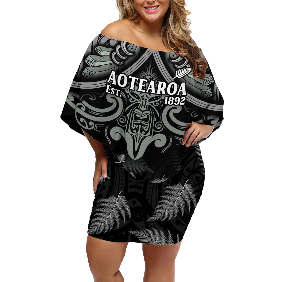 Custom New Zealand Silver Fern Rugby Family Matching Off Shoulder Short Dress and Hawaiian Shirt All Black Since 1892 Aotearoa Moko Maori