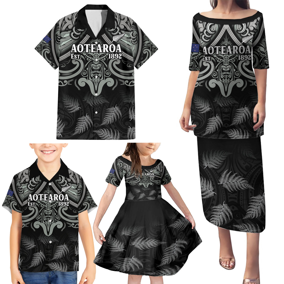 Custom New Zealand Silver Fern Rugby Family Matching Puletasi and Hawaiian Shirt All Black Since 1892 Aotearoa Moko Maori